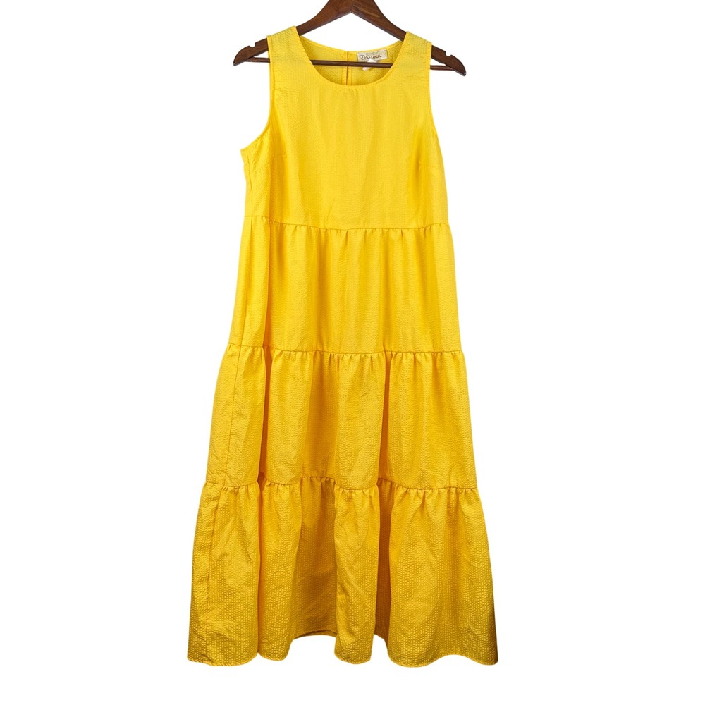 Womens Seersucker Tiered Maxi‎ Dress Size M Yellow Cottagecore Praire Boho Beach